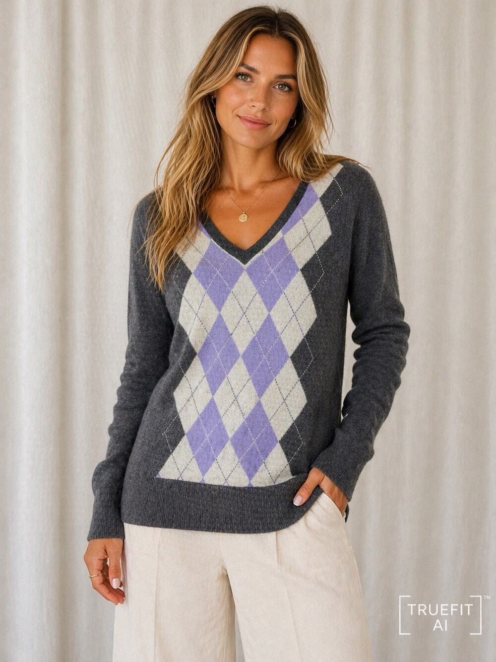 Apt. 9 Black Cashmere Argyle Sweater Womens L V Neck Purple Gray